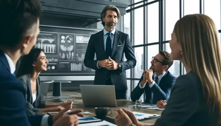 Un abogado hace una presentación detallada a sus colegas en un entorno empresarial moderno y profesional.