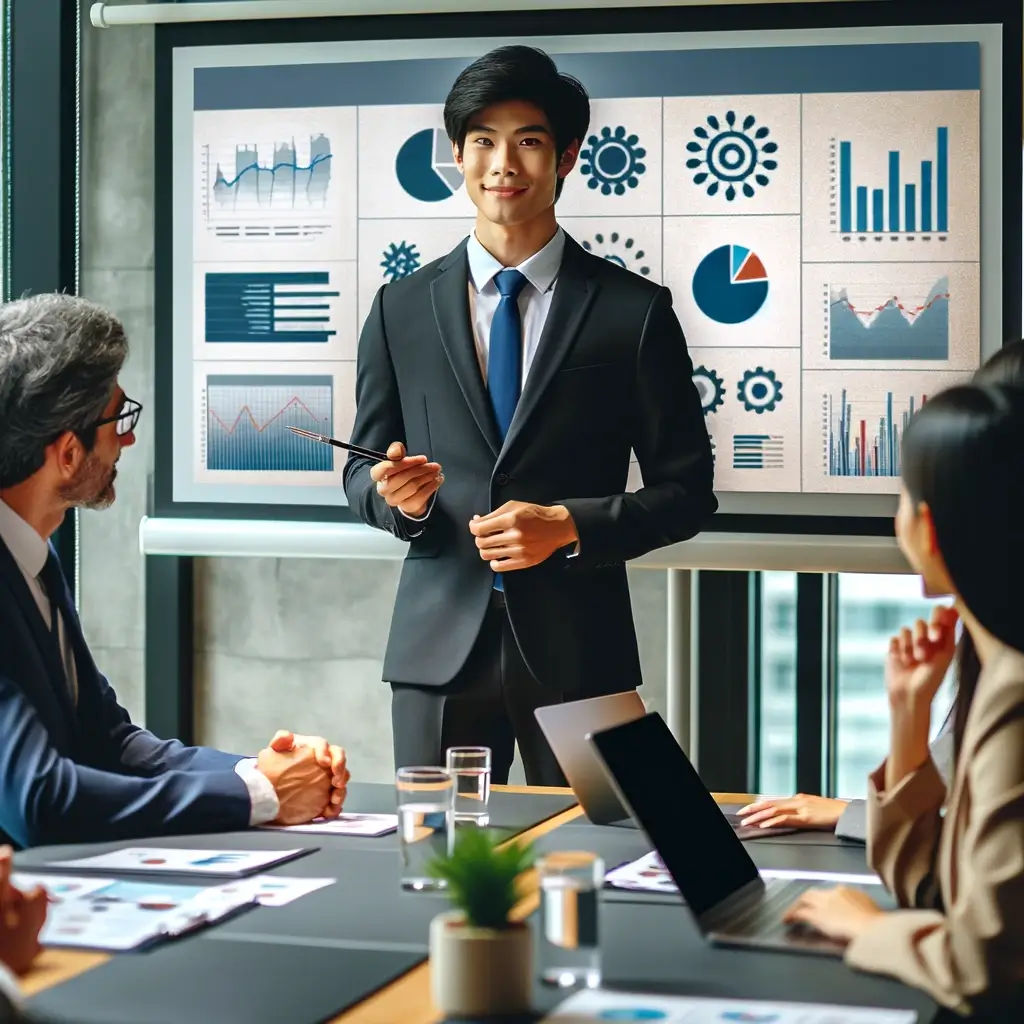 A professional executive giving a presentation to a group of colleagues in a modern office setting, using visual aids like slides and charts