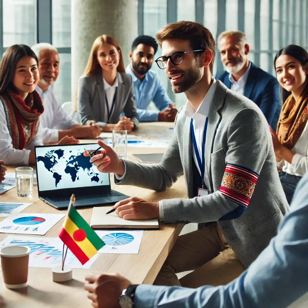 An executive participating in a cultural training workshop, engaging with a diverse group of colleagues and learning about different cultural practices in a modern office setting.