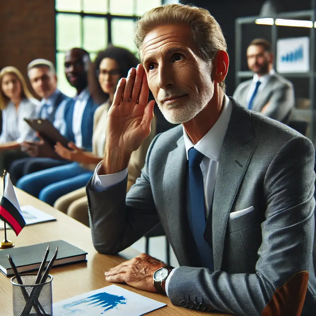 An executive practicing active listening during a multicultural business meeting, focusing on understanding and empathy in a professional office environment.