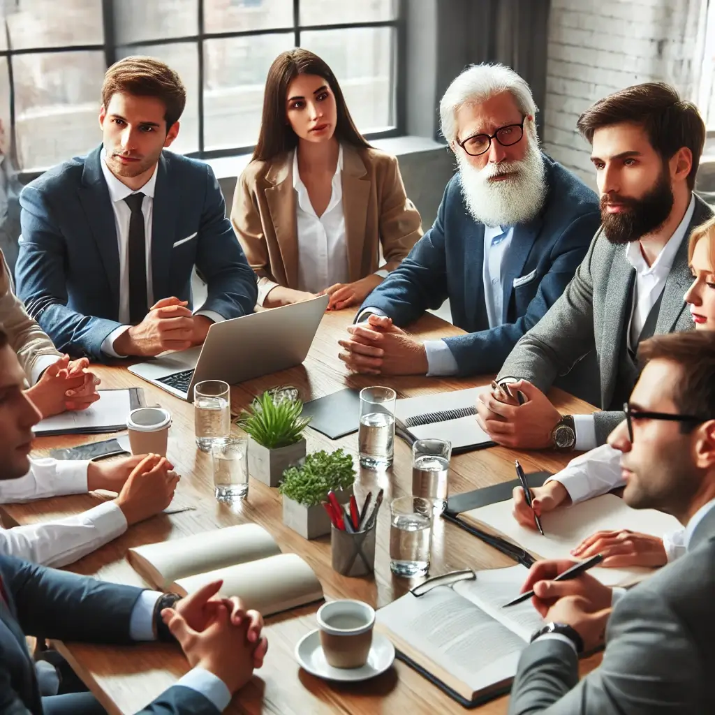 Ejecutivos de negocios en una reunión de negociación en un entorno de oficina moderna, con miembros del equipo diversos discutiendo alrededor de una mesa