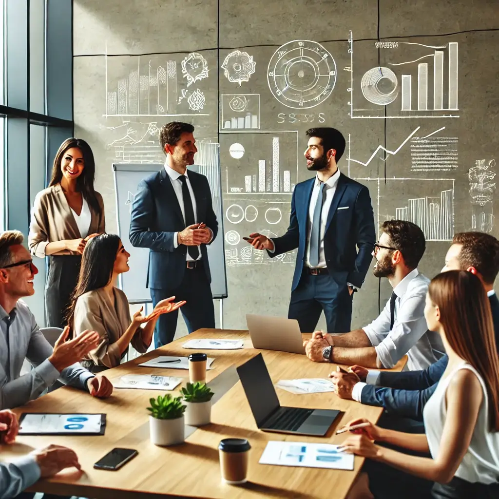 Imagen de un grupo diverso de profesionales de los negocios celebrando una productiva reunión de equipo en un entorno de oficina moderno.