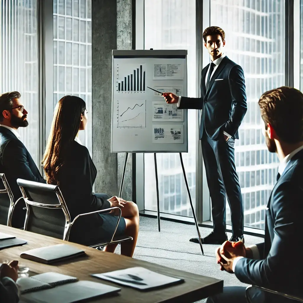 Imagen de un profesional de los negocios haciendo una presentación a un equipo en un entorno de oficina moderno.