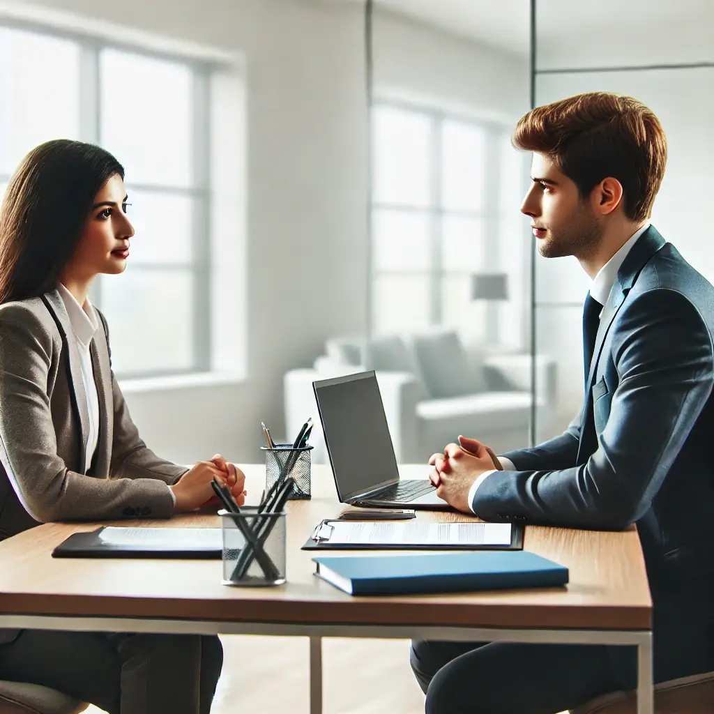 Dos profesionales de negocios conversando en una oficina moderna, sentados en un escritorio con laptops y documentos. Ambos están enfocados y comprometidos, ilustrando la importancia de practicar el vocabulario profesional en situaciones reales.