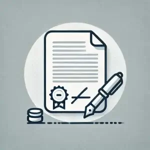 Ilustración minimalista de un icono de contrato legal, con un documento que incluye líneas simulando texto, una firma al final y un bolígrafo o sello al lado. Diseño limpio y profesional, ideal para representar acuerdos legales.