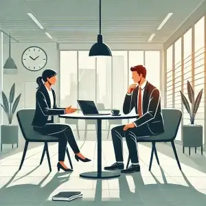 Ilustración profesional de una sesión de coaching individual, con dos personas sentadas en una mesa redonda en una oficina moderna y bien iluminada. Una persona, el coach, guía y conversa con la otra, que escucha atentamente. En la mesa hay un portátil, cuadernos y una taza de café, simbolizando un ambiente productivo y profesional.