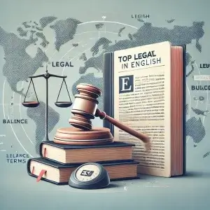 Ilustración profesional con una pila de libros jurídicos, un mazo, una balanza de la justicia y un documento con texto resaltado, simbolizando términos legales en inglés. En el fondo, un mapa mundial sutil destaca la relevancia global del derecho en inglés.