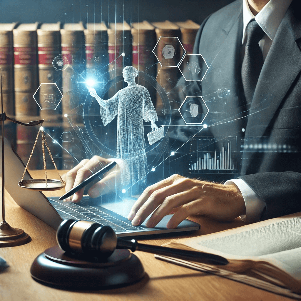 Lawyer using AI tools in a modern legal office
