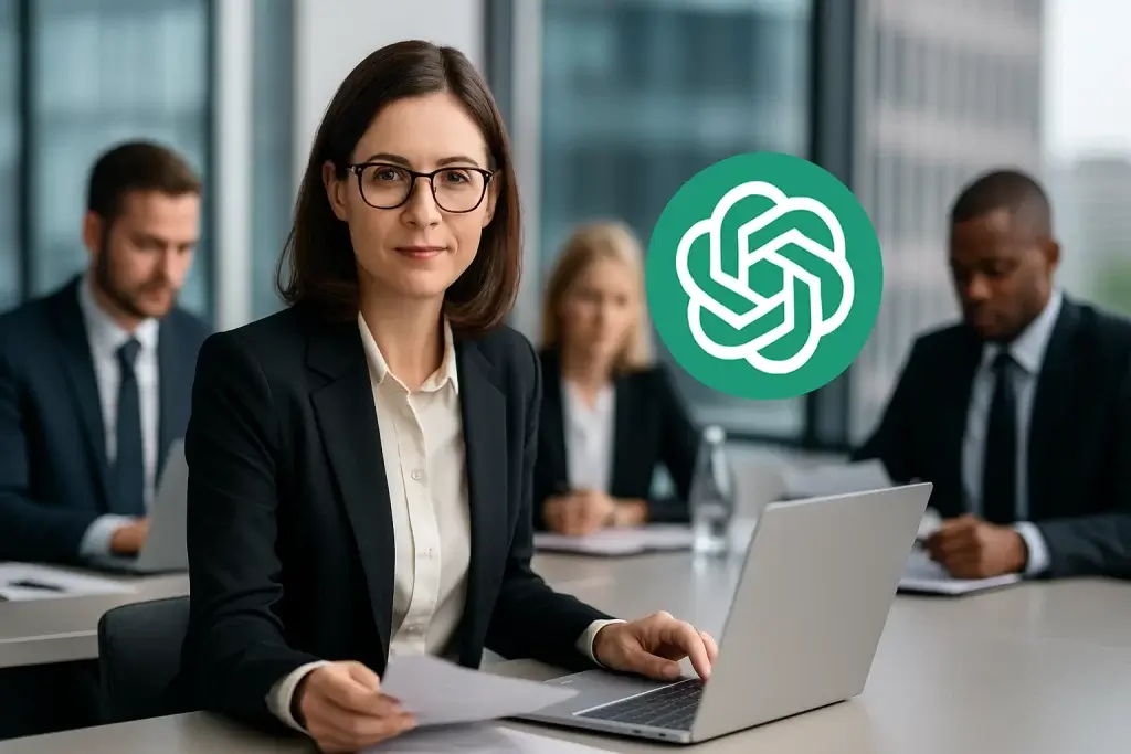 Un grupo de abogados vestidos de forma profesional sentados alrededor de una mesa moderna, concentrados en la pantalla de un portátil, lo que sugiere colaboración y uso de tecnología en un entorno jurídico.
