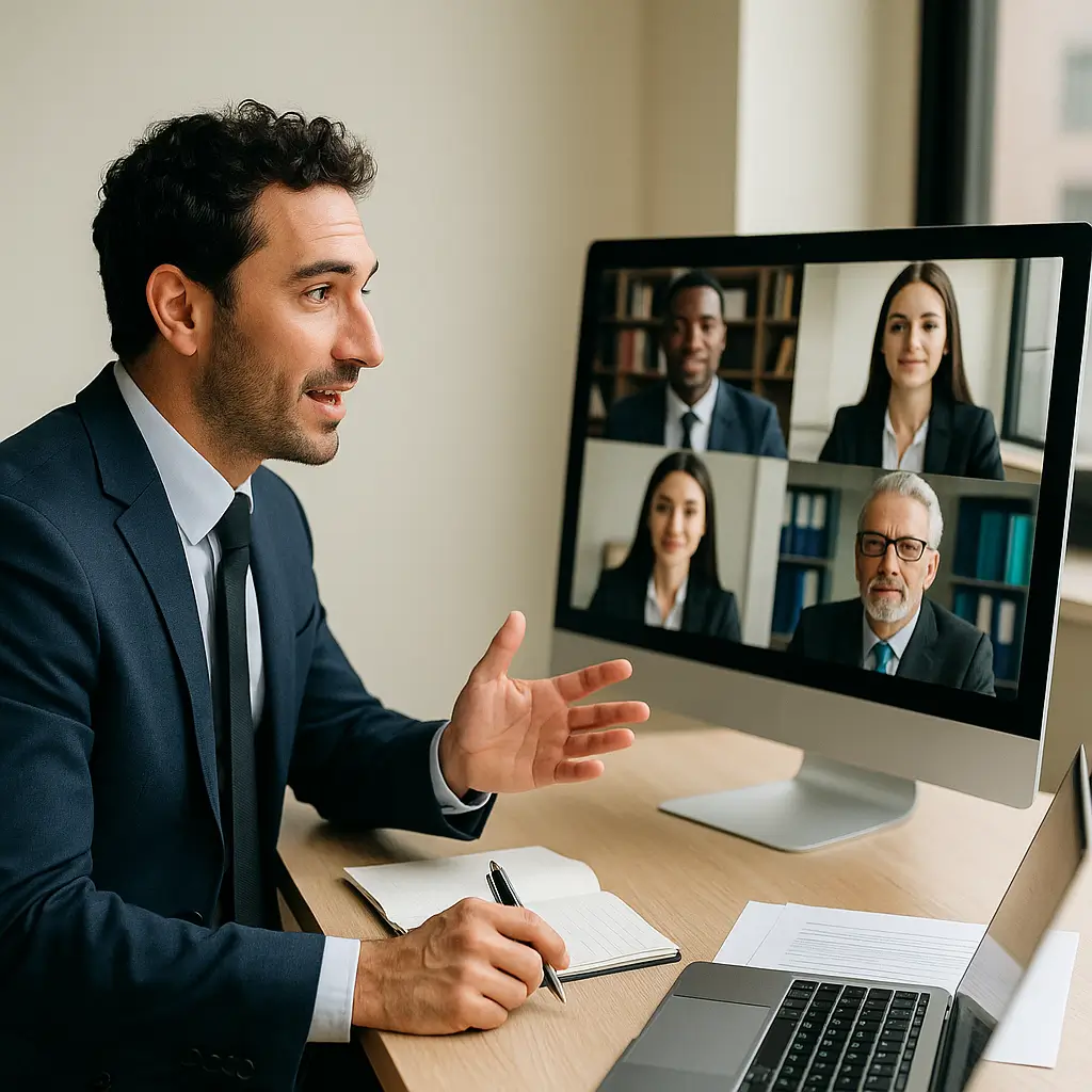 Un abogado internacional de habla hispana participa en una videollamada profesional con colegas de diferentes países, en un entorno corporativo moderno que refleja colaboración global en el ámbito legal.