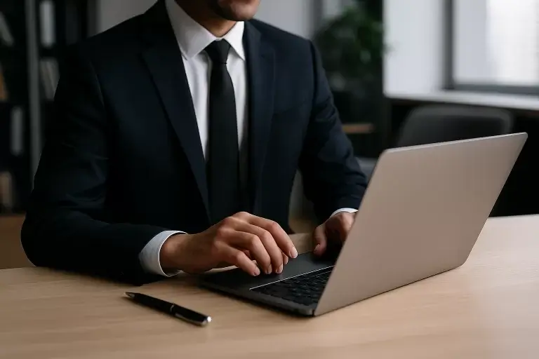 Un abogado profesional con traje azul marino consulta su portátil en un entorno elegante y bien iluminado, representando toma de decisiones y profesionalismo en el contexto de inscripción a un curso.