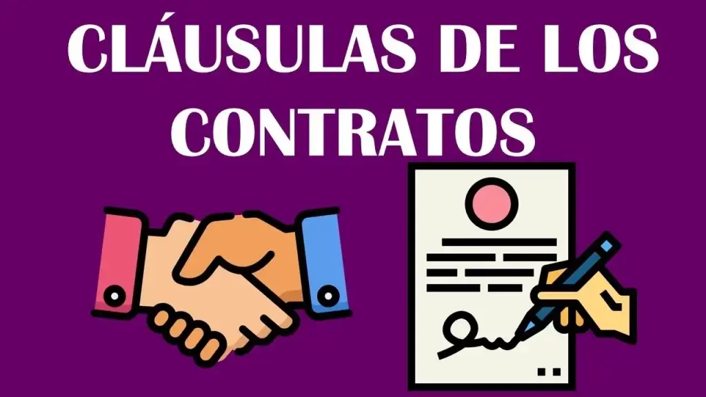 Ilustración representando tipos de cláusulas comunes en contratos, como 'Confidencialidad', 'Jurisdicción' y 'Fuerza mayor'.