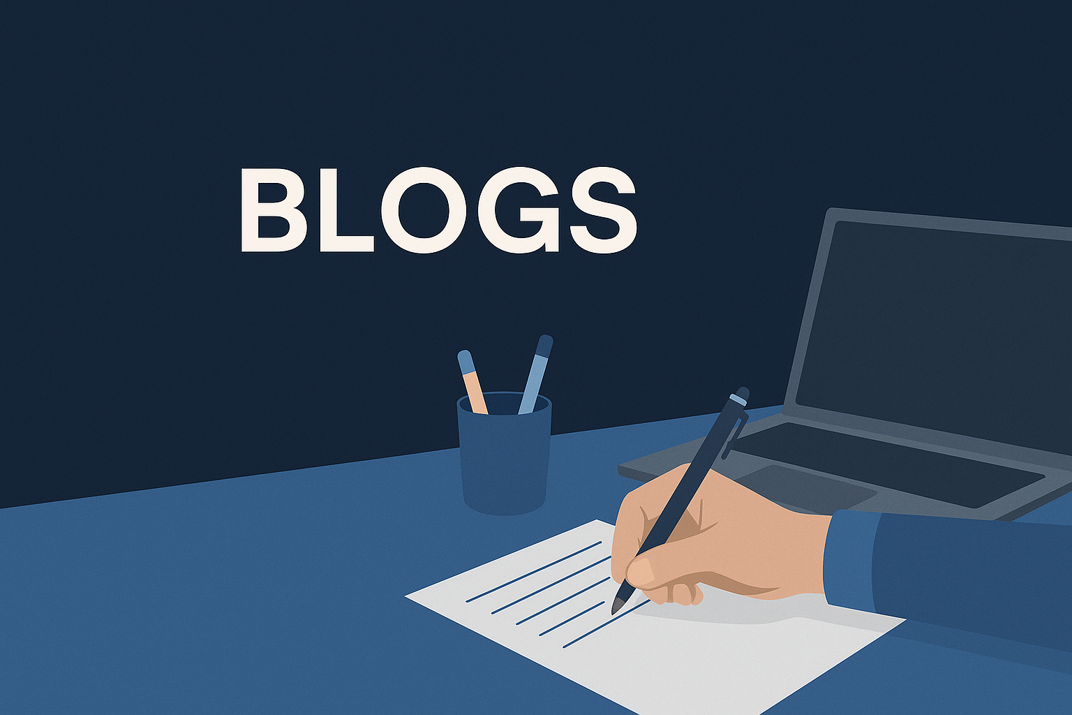 Diseño gráfico digital que muestra la palabra "BLOGS" en tipografía moderna y blanca sobre un fondo azul marino. Debajo, una ilustración minimalista de un escritorio con un portátil, una mano escribiendo en una hoja de papel y un portalápices, todo en una paleta de colores sobria y profesional.