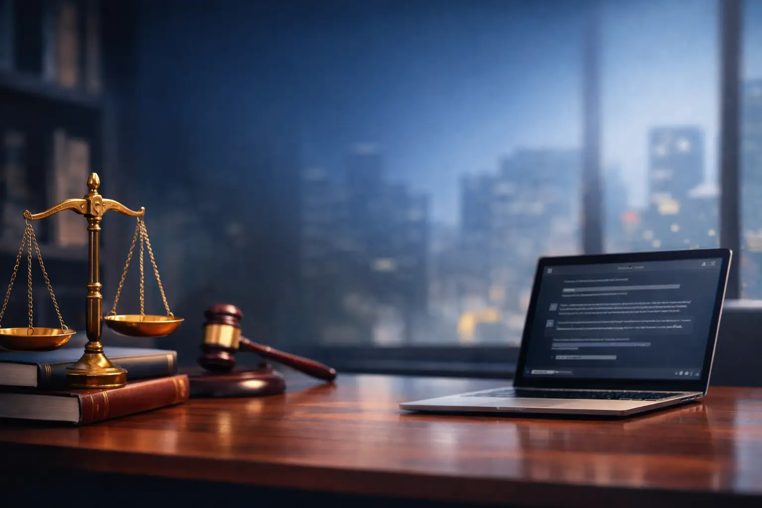 A desk with legal books, a balance scale, and an open laptop in a modern office setting.
