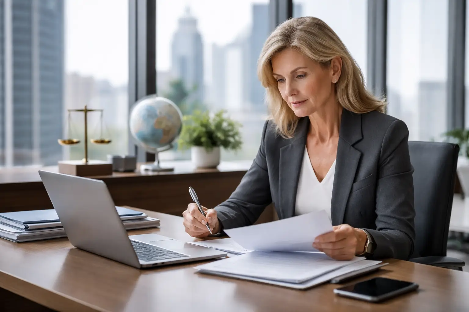 Legal professional reviewing international legal risk and communication